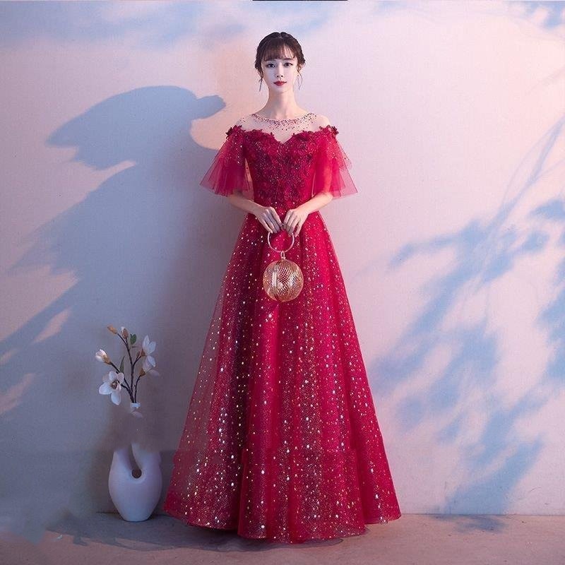 ウエディングドレス 半袖 カラードレス 赤 安い 結婚式 ロングドレス 演奏会 コンサート 二次会