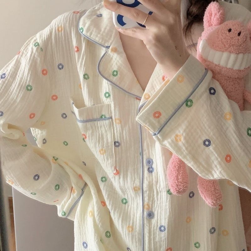 1つ買うと10個無料パジャマ レディースウェア 泡綿シンプルカラードットプリントロングウェア韓国版パジャマ女性の新タイプ外着可能