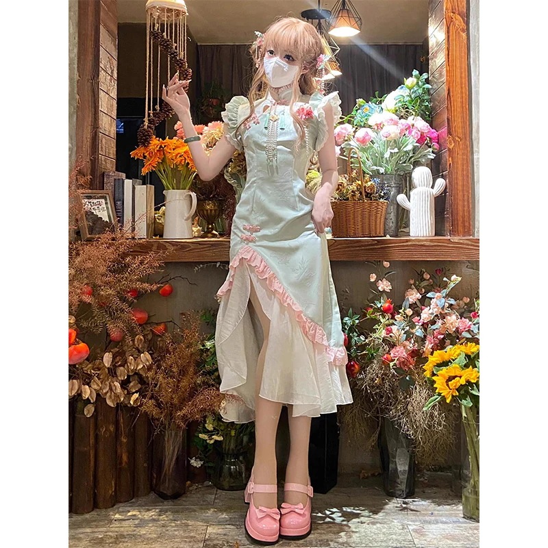 優しい気質で甘いフライングスリーブドレス ボタンステッチ改良付き