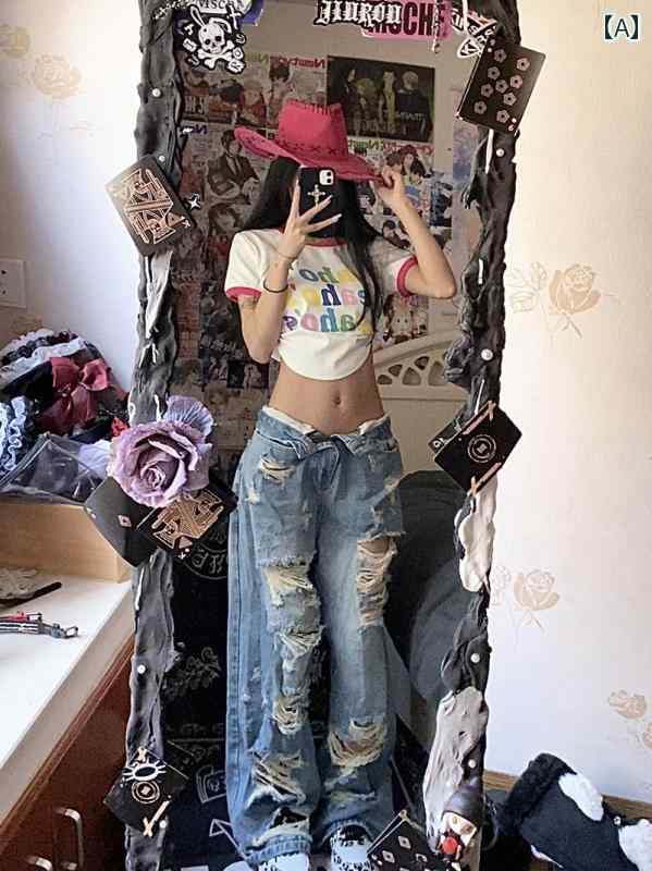 デニムパンツ レディース ダメージ ジーンズ クラッシュ ボトムス 大きめサイズ ストリート ワイド 夏 レトロ ハイウエスト ストレート ブルー