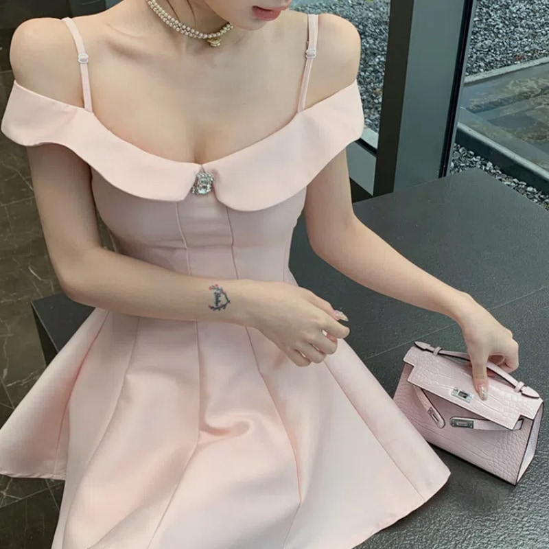 お嬢様 オフショルダー ラインストーン付き キャミ ワンピース