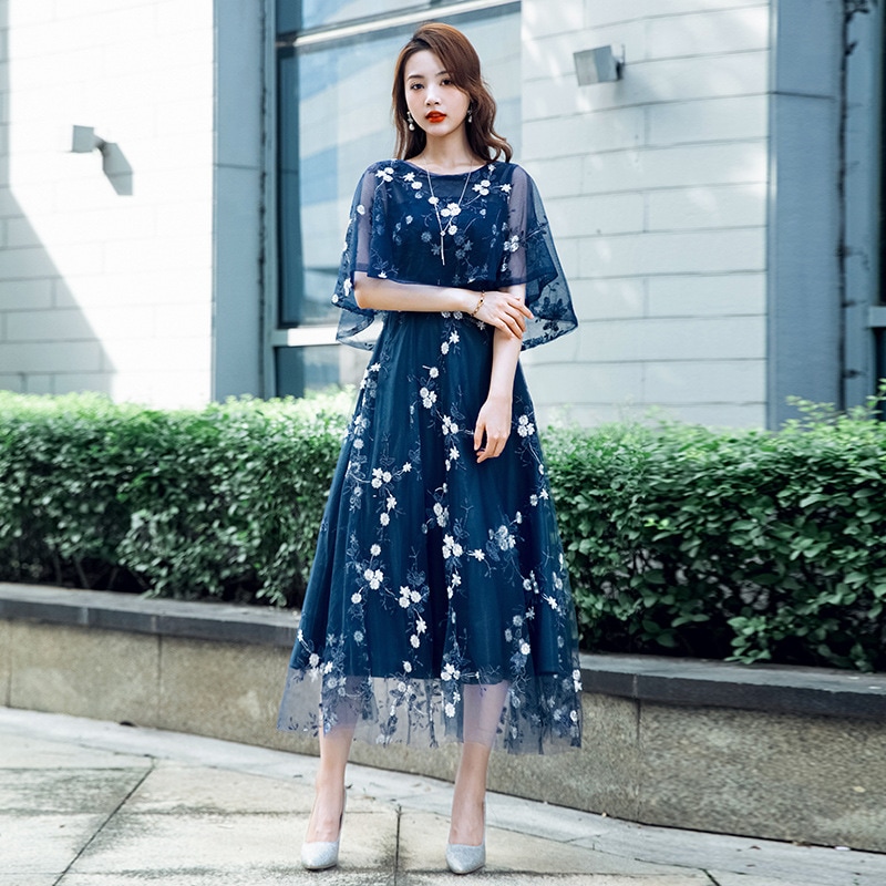 結婚式 パーティードレス 大きいサイズ ワンピース マタニティ お呼ばれ レース フリル ドレス マキシ きれいめ 楽チン 女子会 食事会 デート 结婚式连衣裙 宴会礼服 约会仙女服 藏青色