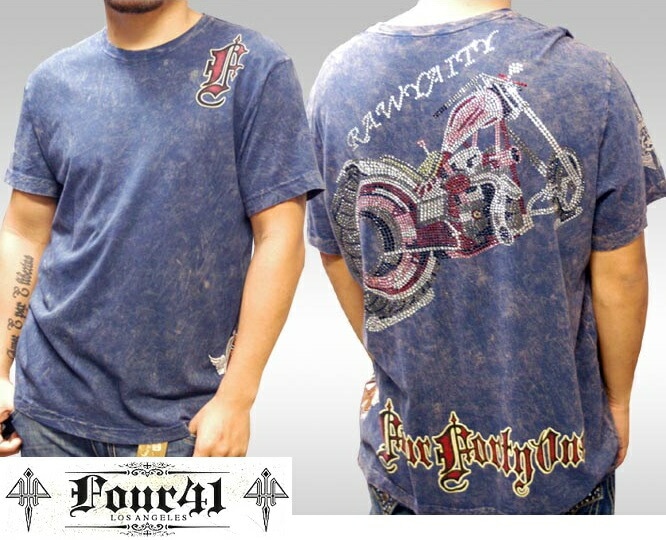 Four41 Los Angeles フォーフォーティーワン メンズ ラインストーン Tシャツ ドラッグスター ネイビー M-03 スワロフスキー インポート セレブ ブランド ストリート LAセレブ