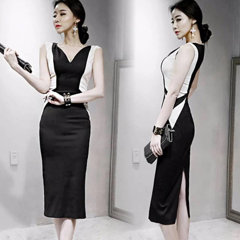 ドレス ワンピース レディース 膝下 ノースリーブ Vネック バックスリット モノトーン 白 黒 スレンダー フォーマル タイト モード系 上品 きれいめ クール お洒落 パーティー 披露宴 イベント