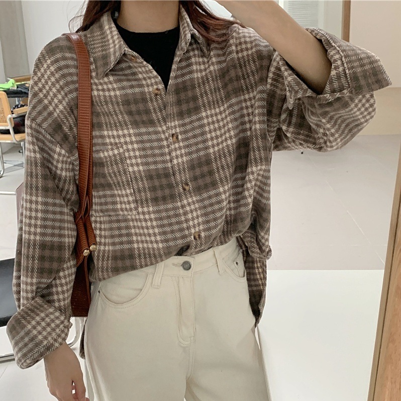 チェック柄シャツ トップス シャツ 長袖 襟付き かわいい 大人可愛い シンプル カジュアル