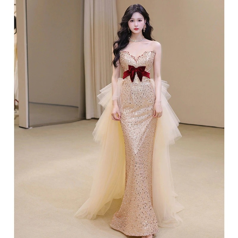 イブニングドレス マーメイドドレス イエロー キラキラドレス スパンコール ビスチェドレス ロングドレス Vネック リボン ワイン赤 ベロア ベルベット 可愛い 発表会ドレス ゴールド マーメイドライ