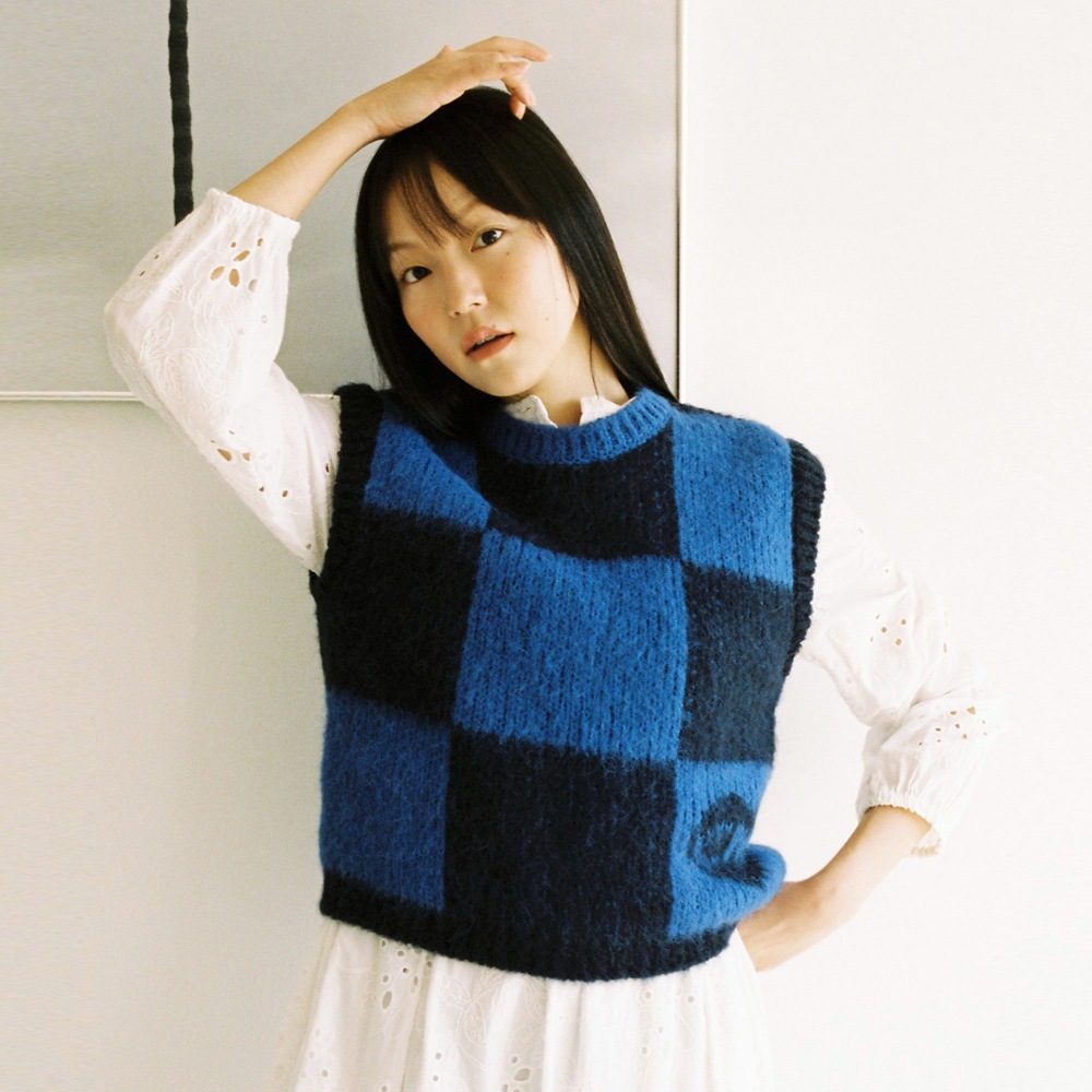Call me baby 22fw ふゆ 新作! CMB Checker Alpaca Vest (Blue)