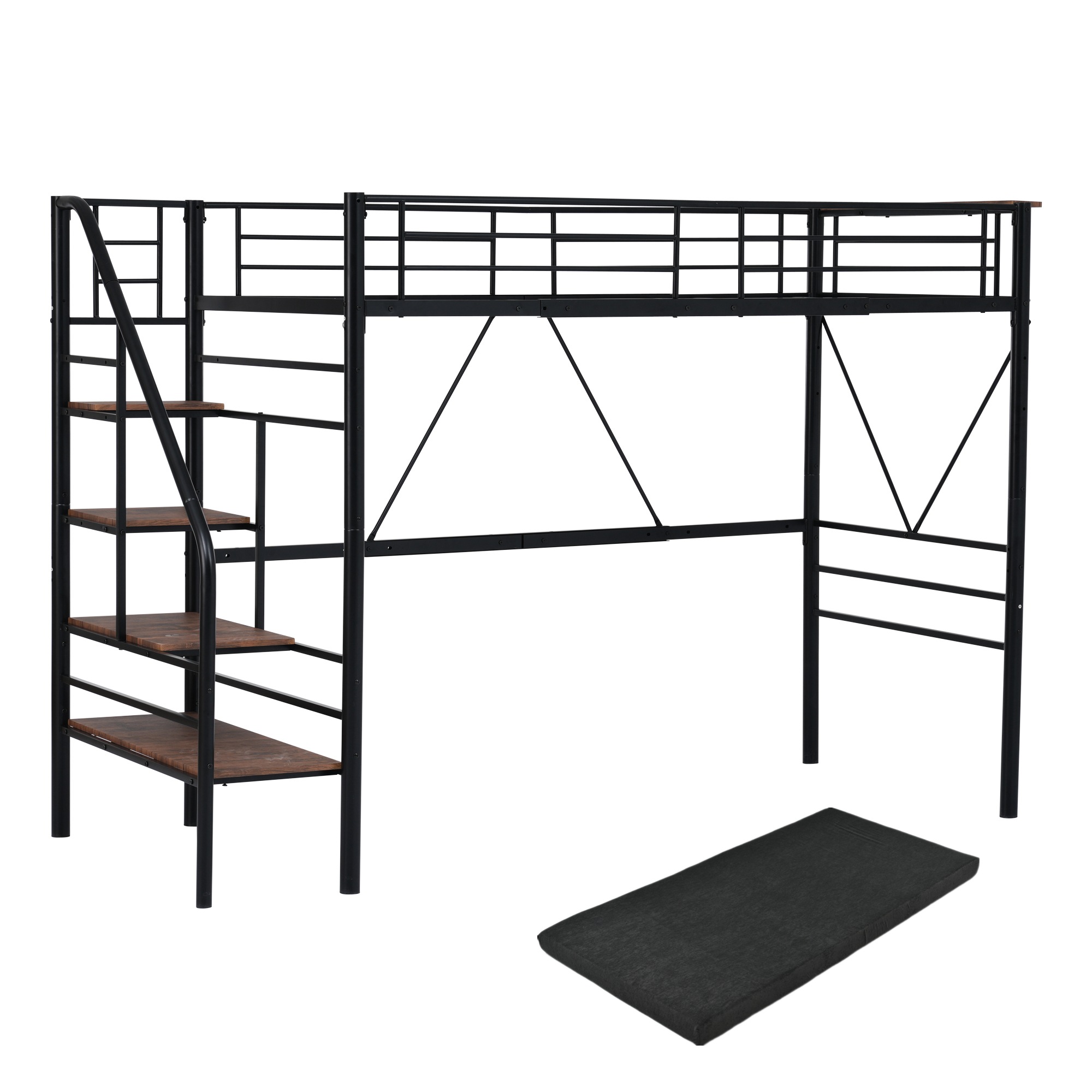 【当日出荷/942】【10cm厚さグレーマットレス付き】ロフトベッド 階段付き S パイプベッド シングル コンセント付き 収納 スチール 耐震 ベッド シングル パイプベッド パイプ