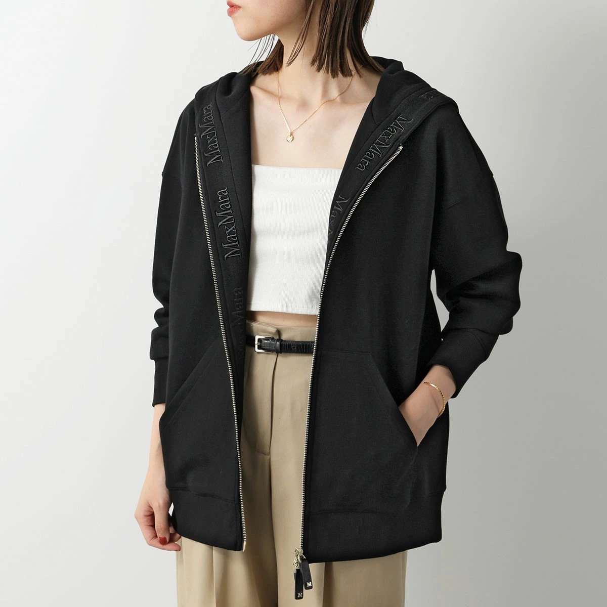 S MAX MARA エス マックスマーラ パーカー DOPPIA レディース ジップアップ 長袖 フーディ コットンブレンド ロゴ 刺繍 010/NERO