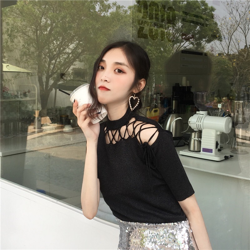 サマーニット ブラック グリーン ピンク トップス ニットソー セーター スリム 細身 ストレート