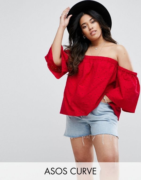 ASOS エイソス レディース 大きめサイズ ゆったりサイズ 送料無料 Red CURVE Off Shoulder Top With Fluted Sleeves In Broderie