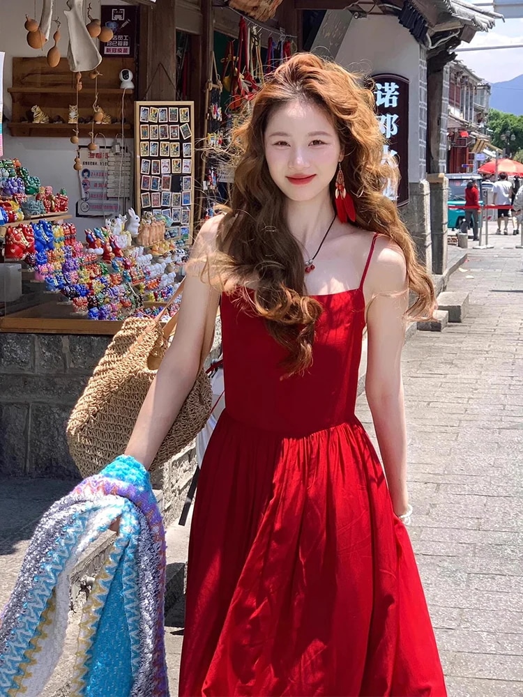 春夏 キャミソールワンピース タック バックオープンおしゃれ 大胆背中見せかわいい ドレスミモレ丈 ロング ラウンドネック韓国ファッション レディースお出かけ キュート 甘めフレンチ