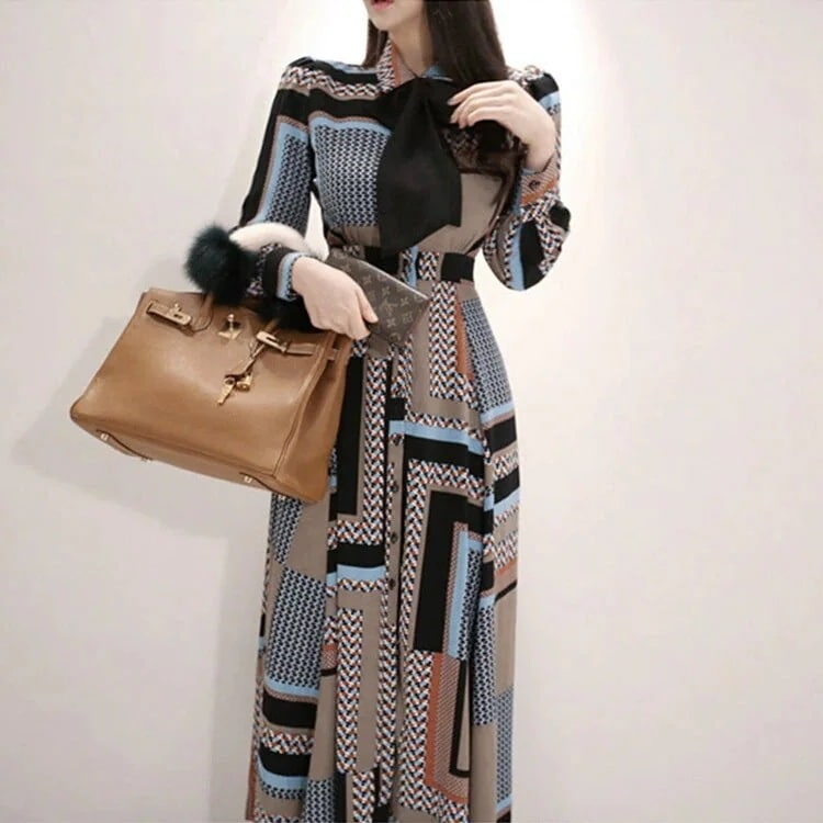 緊急SALE!!!2枚1OO円OFF！エレガント 冬 ロングワンピース レディース 秋 ワンピース リボンタイ レトロ柄 レトロワ レトロ