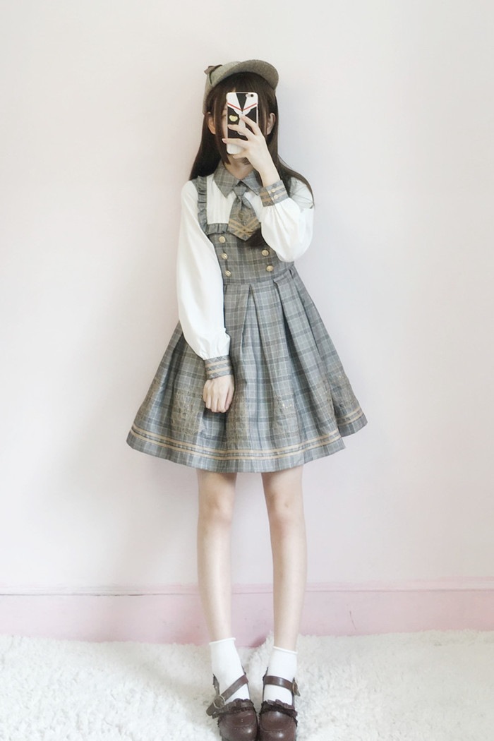 独特な ロリータソフトガール秋のツーピースドレス女性の日本の格子縞のドレスクマ探偵大学スタイルのスカート 最大67%OFFクーポン