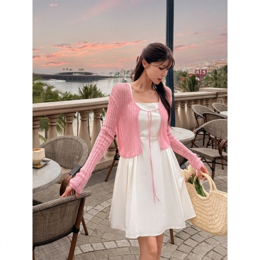 (Vivarup) リブ編みリボンボレロカーディガン CD20242F 夏用軽量クールガーリーシースルーニット長袖ビーチウェア