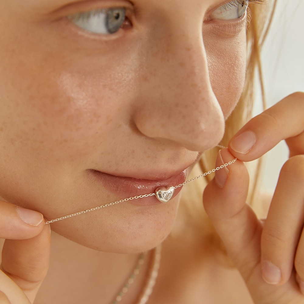 LUNNE シルバーボリュームハートキュービックペンダントネックレス #LSN01