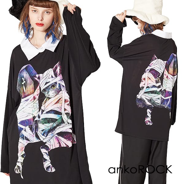 ankoROCK アンコロック レディース カットソー オーバーサイズ メンズ ビッグTシャツ ビッグシルエット ロンT ロングTシャツ 猫 ネコ 「art7416」