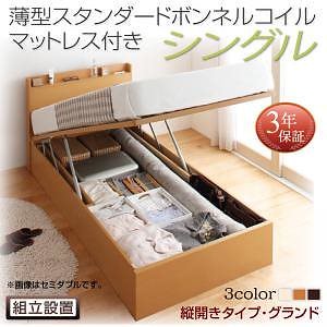 [組立設置料込み]国産 跳ね上げ収納ベッド [Freeda]フリーダ [薄型スタンダードボンネルコイルマットレス付き] 縦開き シングル 深さグランド [フレーム色]ホワイト