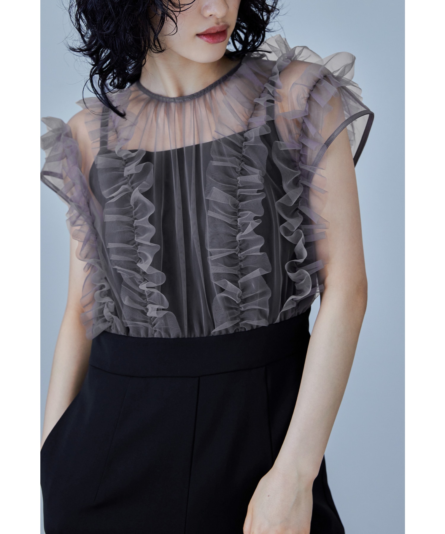 チュールドッキングパンツドレス パーティードレス 結婚式 オールインワン サロペット ワイドパンツ フリル ブラウス 切り替え お呼ばれ パーティー 二次会 披露宴 謝恩会 成人式 同窓会 入学式