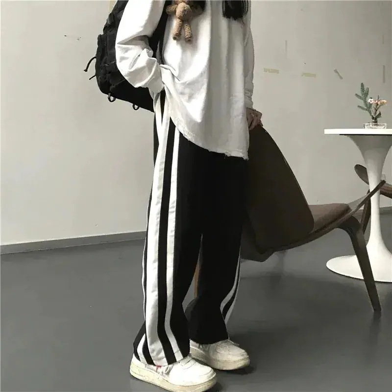 白 パンツ ラインパンツ 2色 部屋着 ワイド 黒 入荷全機種 レディース スウェット ジャージ ラフ
