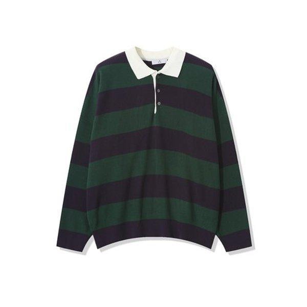 メンズ秋配色ボーダーカラーネック長袖ニットTシャツ AC-KN-Q61-グリーン