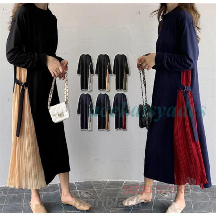 ワンピース ロング プリーツ 普段使い お出かけ 痩せて 見える 大人可愛い 服 サイドプリーツ 可愛い 女性 大人 体型カバー 長袖 40代