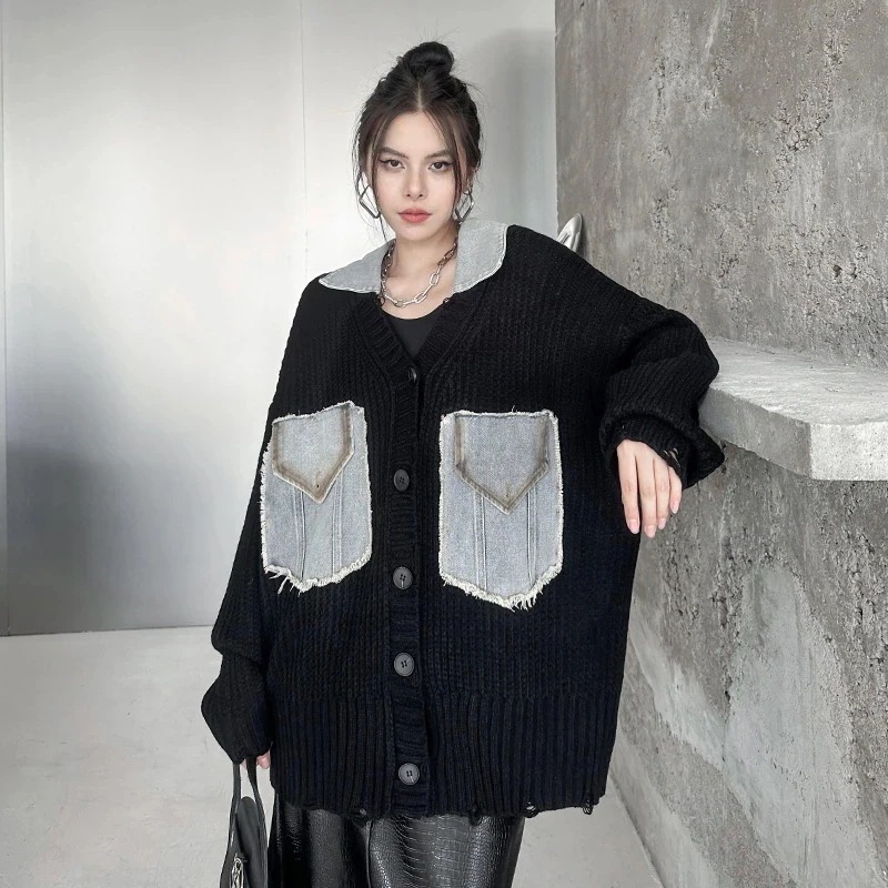 秋冬新作ルーズガスVネックニットカーディガン 本日の限定商品ヨーロッパの商品怠惰な風のスプライシングラペルデニムジャンパージャケット