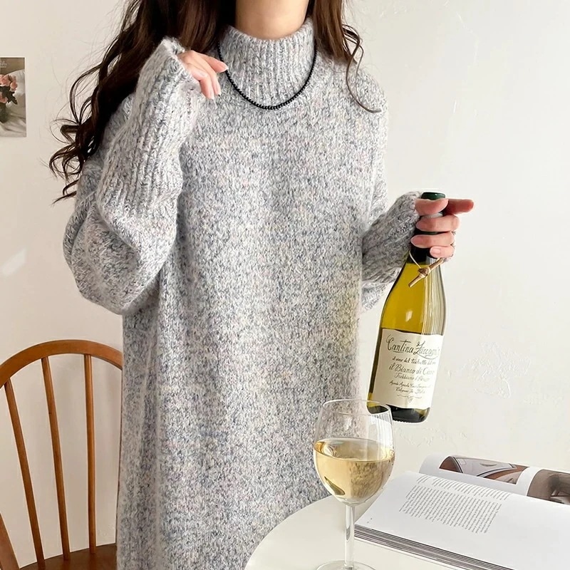 ワンピース レディース ふんわり ウール混 ミックス糸 ミドル丈 シンプル ニット ワンピ ゆったり 体型カバー 暖か Iライン 着回し おでかけ デイリー レイヤードコーデ 大きいサイズ