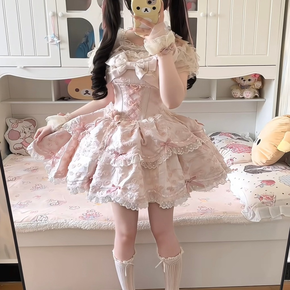 Lolita繁花序曲ピンク短いバレエjskスカートロリータdoプリンセススカート