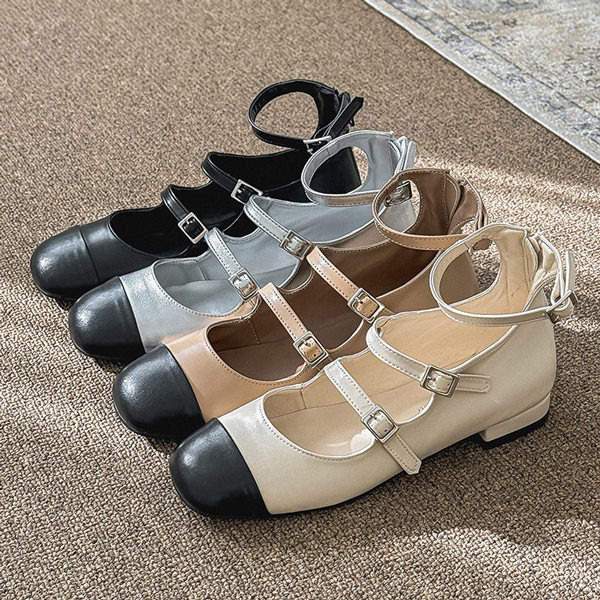 バレエシューズ パンプス キャップトゥ ストラップ フラット レディース ぺたんこ 黒 銀 ブラック ベージュ アイボリー シルバー 靴 婦人靴 韓国
