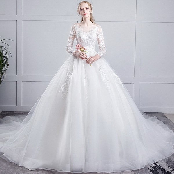 ウェディングドレス ウェディングドレス白 パーティードレス 可愛いレース 長袖花嫁ロングドレス 結婚