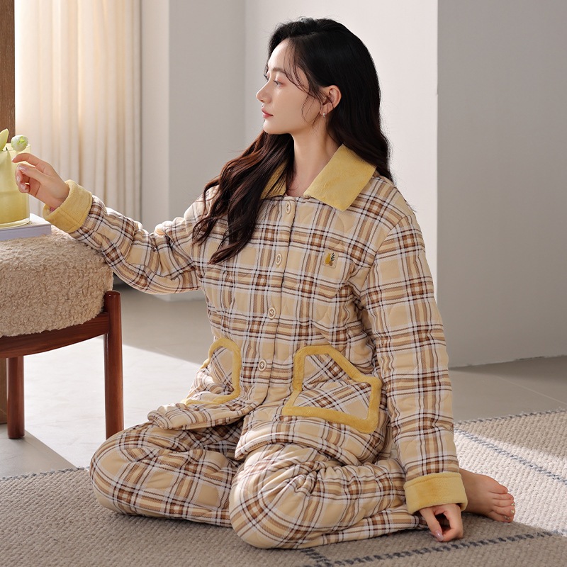 秋冬パジャマレディース暖かいプラスベルベット和風3層パッド入り純綿チェック柄ホームウェア女性インスタイルスーツ