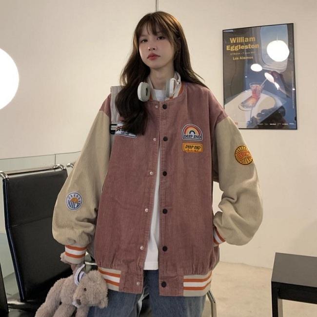 スタジャン コーデュロイ ジャケット レディース ブルゾン 秋ジャケット パッチワーク ジャンパー 春秋 オーバーサイズ レトロ プレゼント