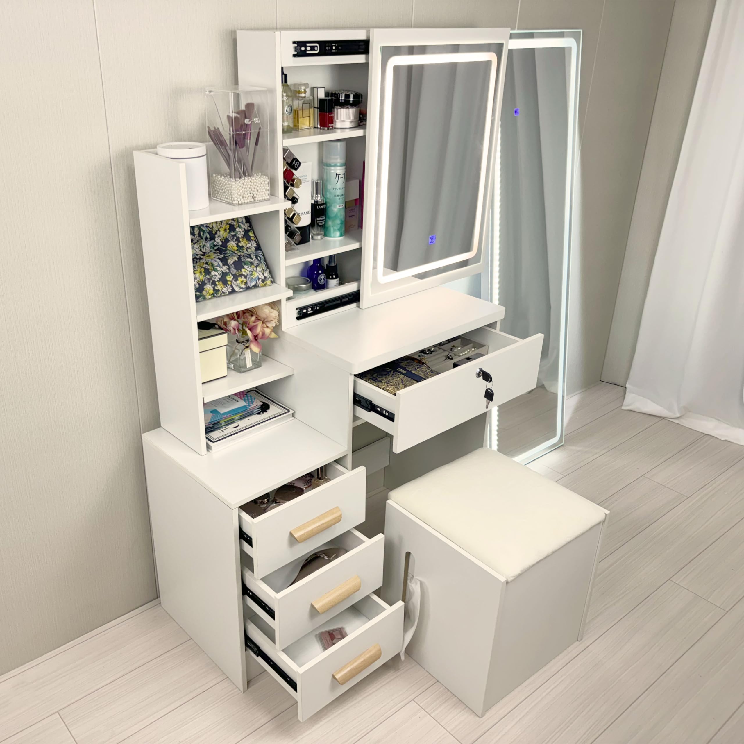 ドレッサー＆スツール 2点セット 3カラー ドレッサー 三面鏡 大量収納 3色LEDライト付き 人感センサーライト 三面鏡化粧台 鏡台 おしゃれ 可愛い [並行輸入品]