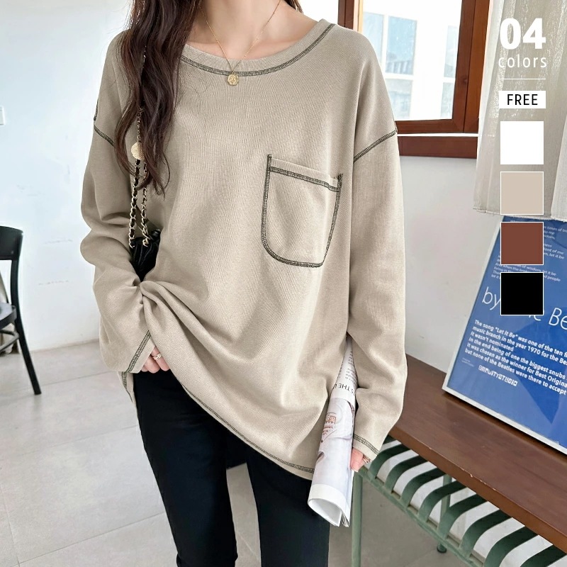 [迅速な配達][限時割!引!]カットソー ロンt レディース 配色ステッチ 長袖 tシャツ 長袖tシャツ トップス ロングtシャツ ゆったり 大きいサイズ 体型カバー オーバーサイズ クルーネック カ