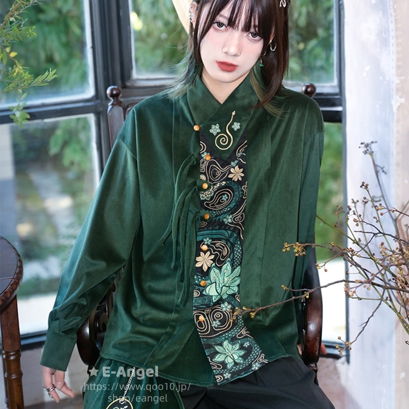 チャイナ風トップス 長袖 レディース 緑色 切り替えシャツ ブラウス 刺繍襟 ランタンスリーブ 漢元素 オリジナル モダン