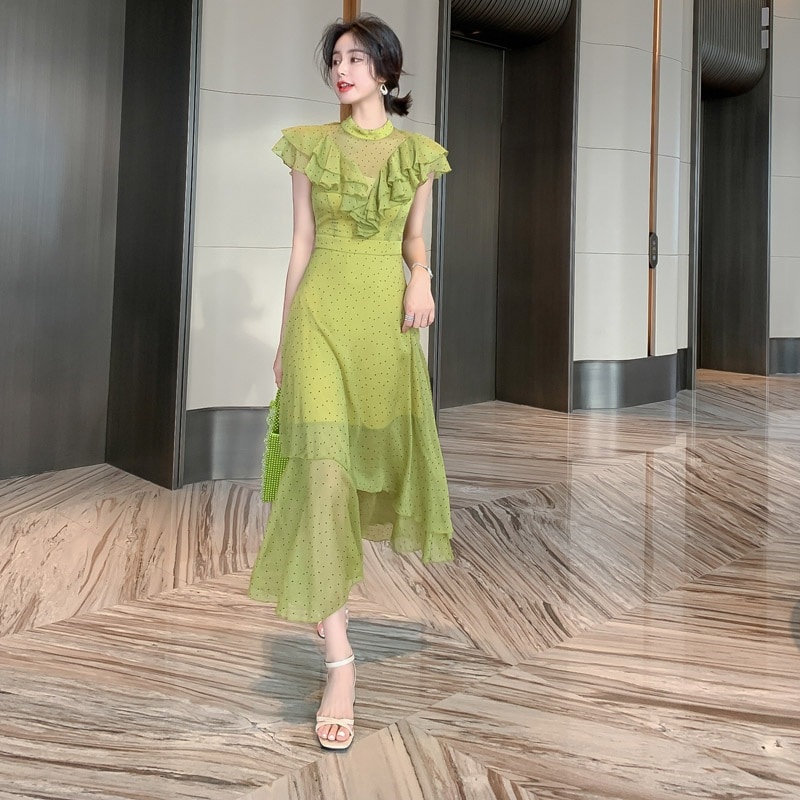 【JY.上品】 夏服 ステッチ 水玉 ワンピース シフォン ロングスカート フォーマル パーティードレス 同窓会 結婚式 披露宴 卒業式 演奏会 ドレス 二次会 発表会