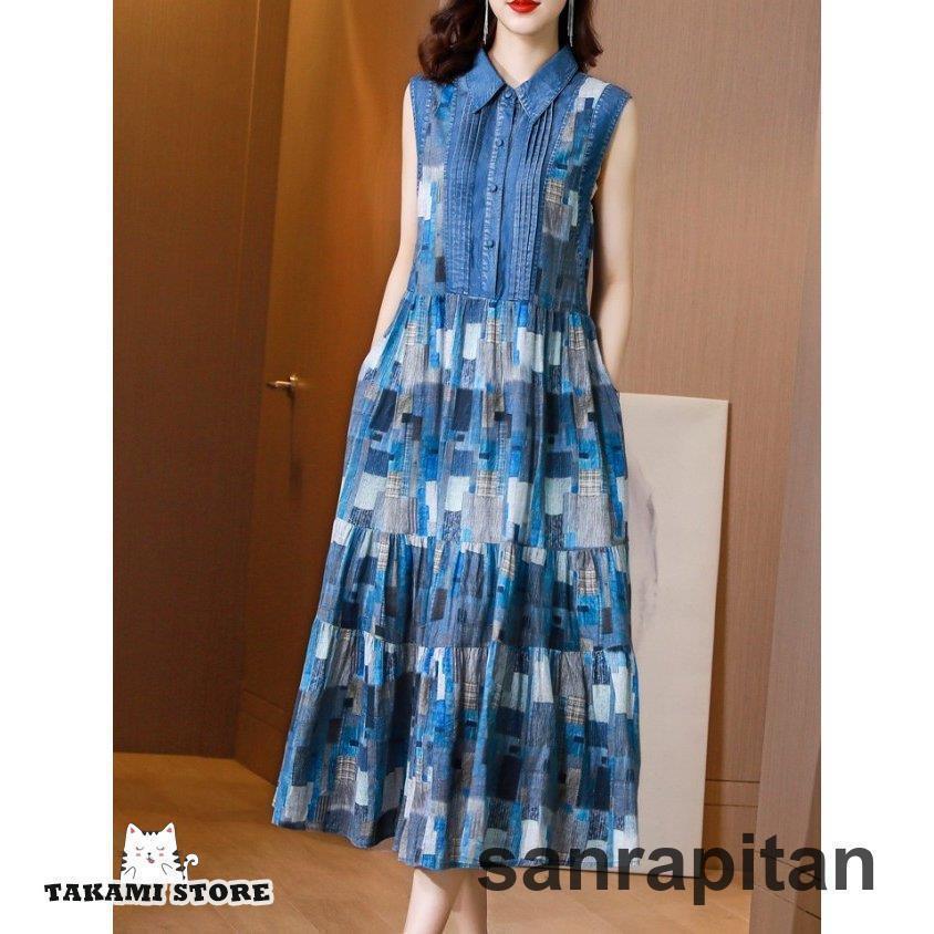 迅速な配送 デニムワンピース ワンピース レディース 春 夏 ノースリーブワンピース ロング コットンリネンワンピース シャツワンピース 大きいサイズ 3L 4L モザイク柄