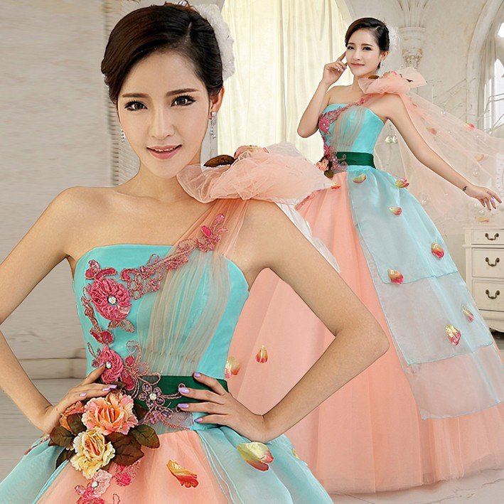 カラードレス ウェディングドレス 演奏会用ロングドレス ラベンダー 結婚式 二次会 コンサート　発表会 ピアノ ブルー