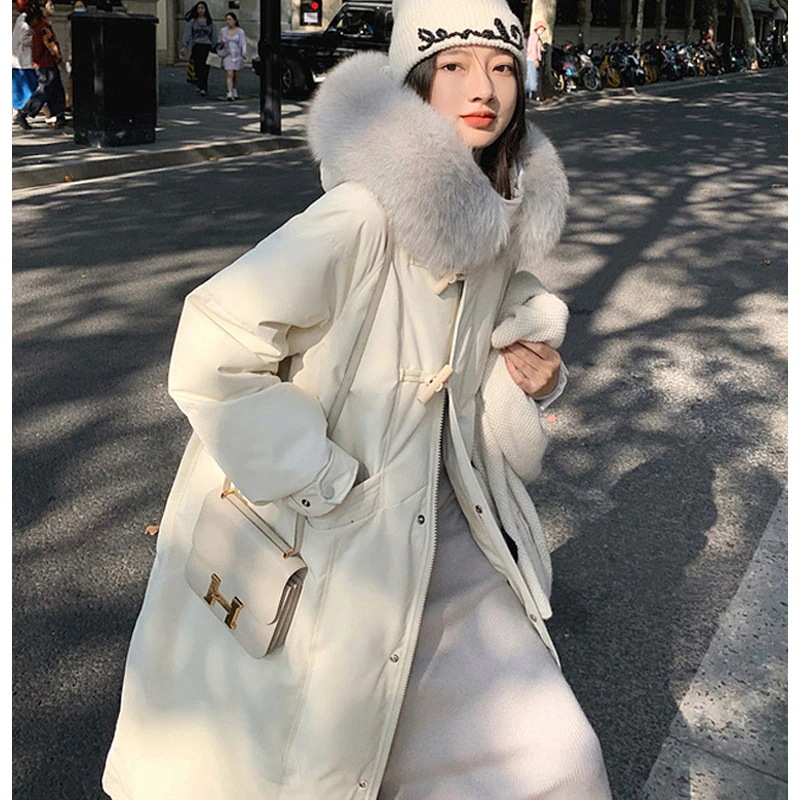 新型起爆ファッション韓国版大毛襟デザイン感小衆は腰を収めて冬に2024ダウンコートを厚くした