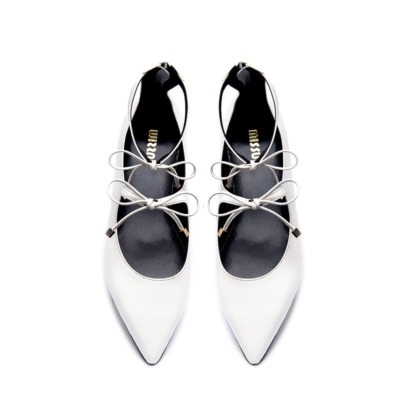 ハイリボンストラップポイントフラットシューズ[アイボリー]