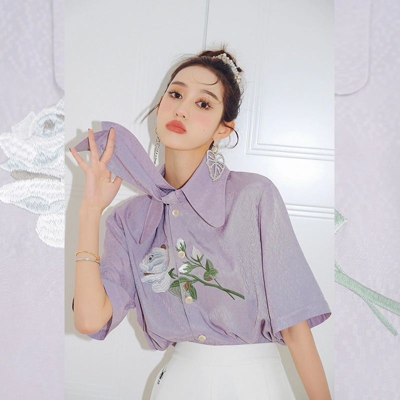 使える!シフォンブラウス今っぽシアーシャツ韓国ファッションサテンシャツ半袖夏服レディーストップスブラウスロング上質刺繍シフォンシャツドレス