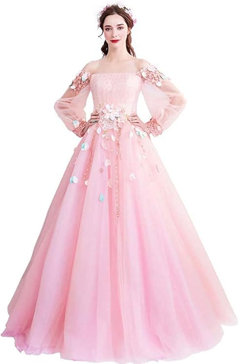 ドレス ふんわり カラードレス 肩出し マキシ丈 ワンピース 花付き 花嫁 ロングドレス ウェディングドレス