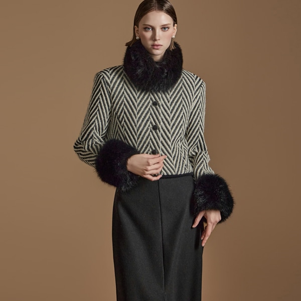 J2517 ヘリンボーン ファー ジャケット