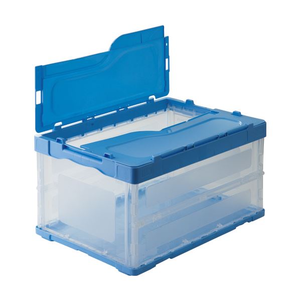 （まとめ） TANOSEE折りたたみコンテナ 軽量タイプ フタ一体型 40L ブルー／透明 1台 [x3セット]