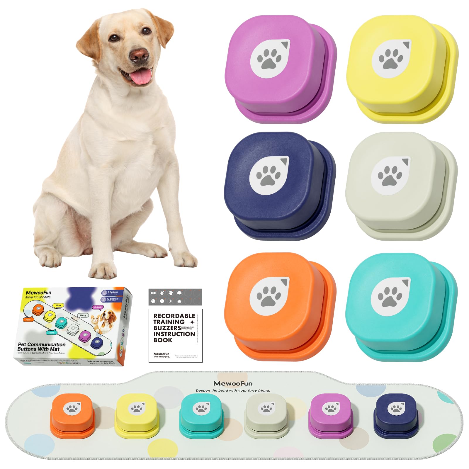 MEWOOFUN 犬用 録音ボタン 6個入り 会話ボタン 音声ボタン ベル コミュニケーション トレーニング しつけ訓練 ペット 知育 おもちゃ 天然ゴムマット付き 2.0バージョン