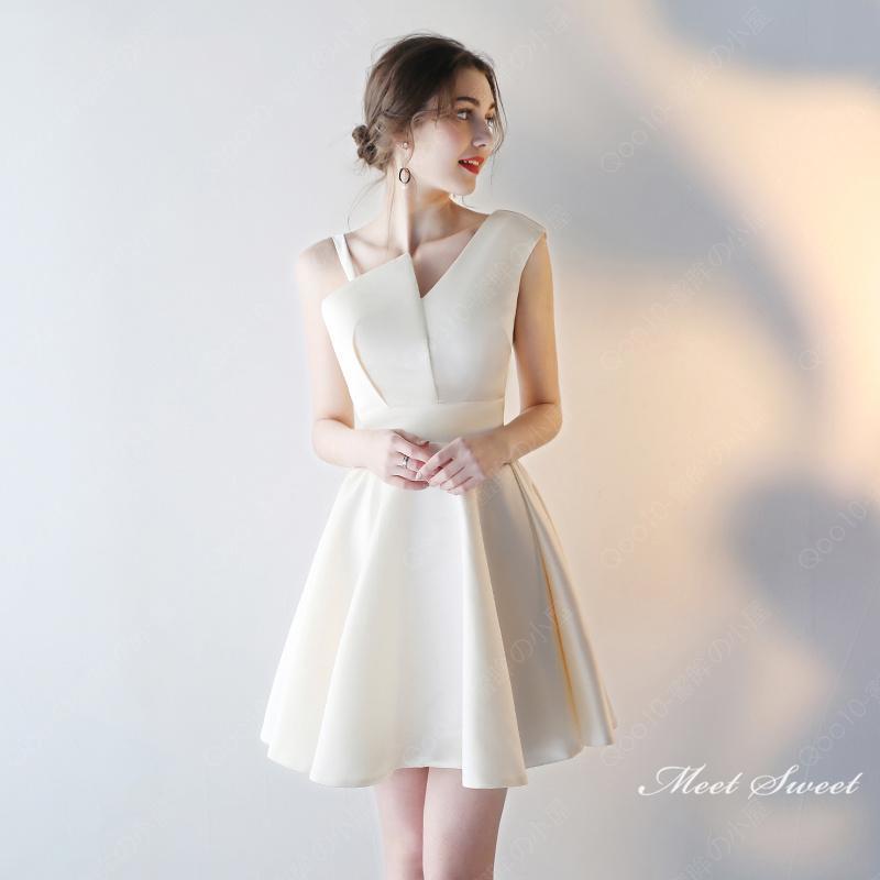 カラードレス シャンパン ワインレッド ブラック パーティードレス フォーマルドレス ミニドレス 結婚式 二次会 披露宴 ワンピース カクテルドレス 大人 サテン-53