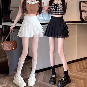 ミニスカート レディース プリーツ ハイウエスト A ライン 脚魅せ スカートパンツ カジュアル