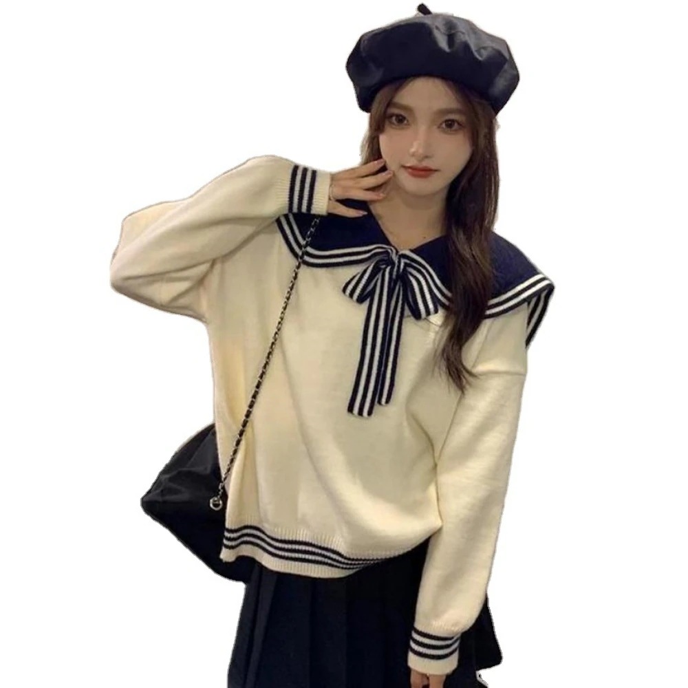 [最安値挑戦]！かわいい セーラー服 セーラーカラー スクール アウター 冬 秋 リボン トップス フリーサイズ ゆったり レディース セーラーカラーセーター