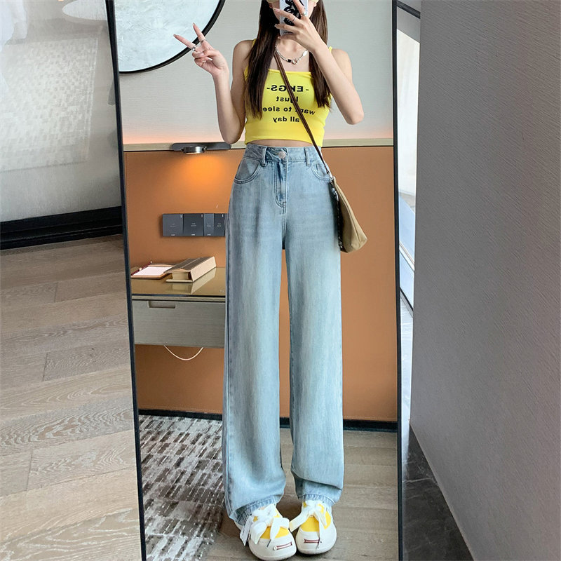女性用テンセルデニムワイドパンツ2024ハイウエスト痩身ドレープ薄手夏ナローバージョン女性用アイスシルクワイドパンツ